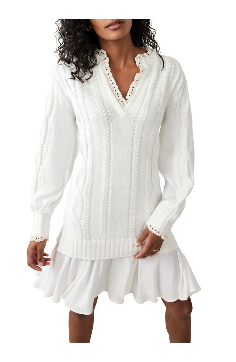 MINT VELVET Cable Knit Gathered Hem Mini Dress, Main, color, Ivory