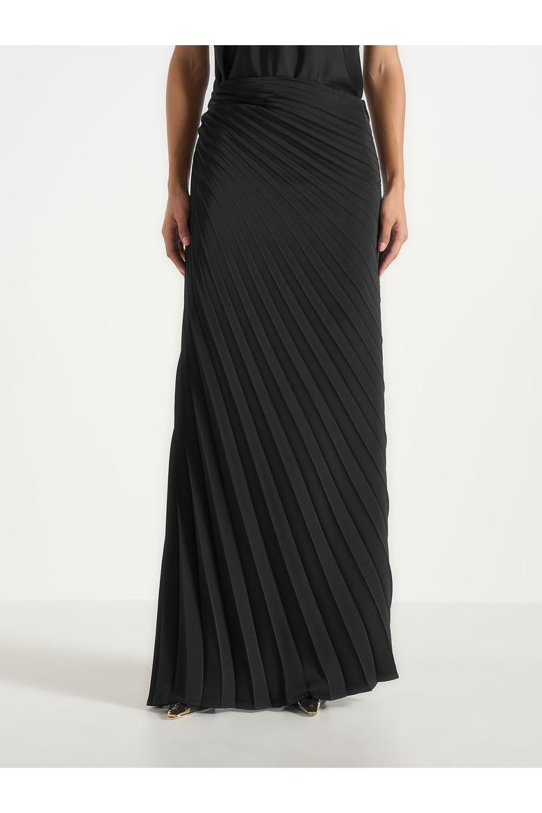 Fiona Satin Fan Pleat Maxi Skirt, Alternate, color, Black