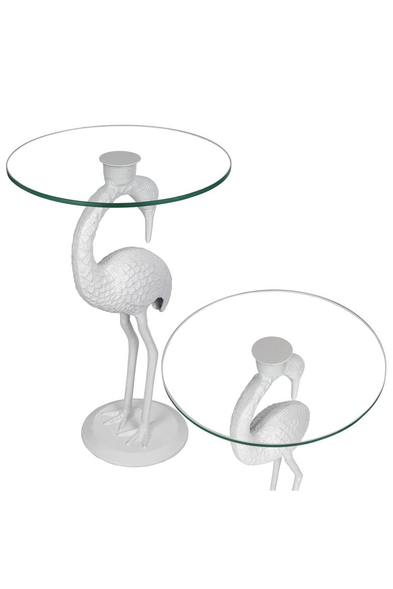 Blanche Coastal Flamingo Accent End Table, Round Glass Top Iron Base, Whimsical Side Table for Living Room, Main, color, White/Clear