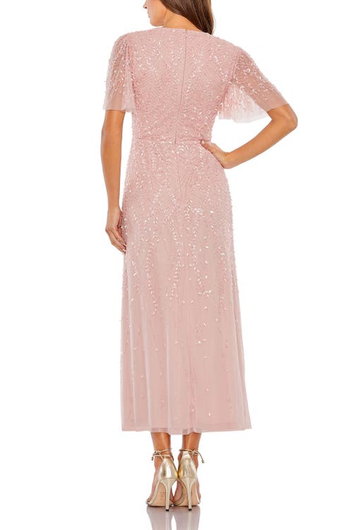 Mac Duggal Beaded Wrap Over Butterfly Sleeve Column Dress In Rose