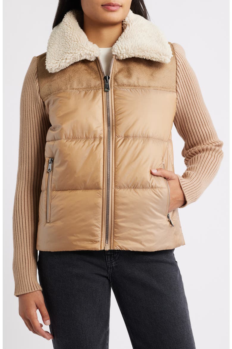 Breck EcoPlume™ Puffer Knit Jacket, Alternate, color, DARK TAUPE / TAN SHEARLING