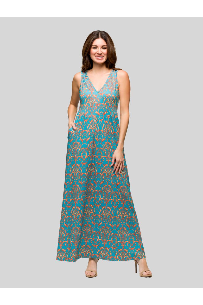 Sky Blue Sleeveless V-Neck Maxi Dress With Pockets, Main, color, Blue Multi