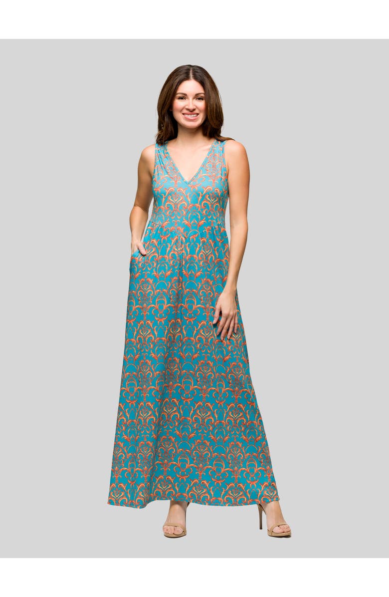 24seven Comfort Apparel Sky Blue Sleeveless V-Neck Maxi Dress With Pockets, Main, color, Blue Multi