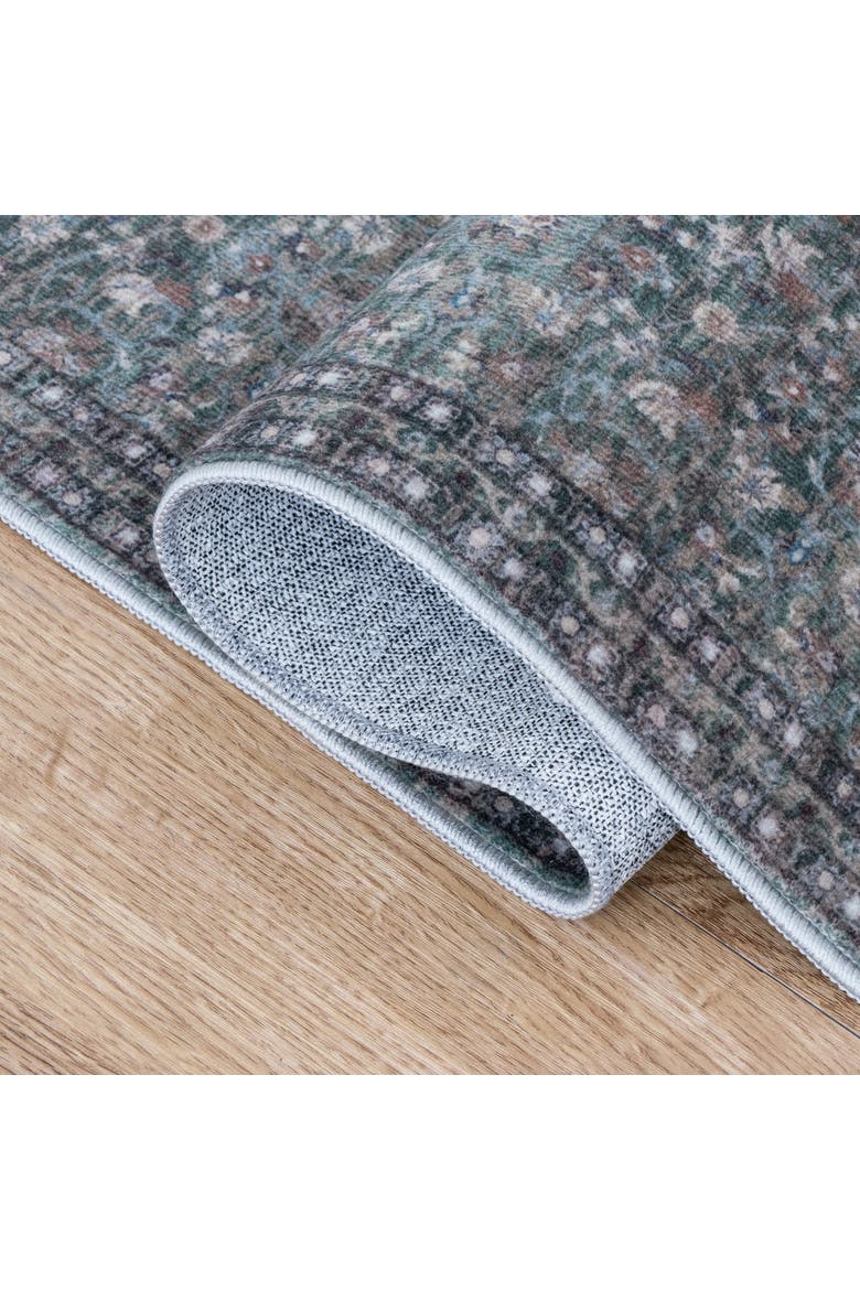 Petunia Distressed All-Over Floral Border Non-Slip Machine-Washable Rug, Alternate, color, Green/Brown