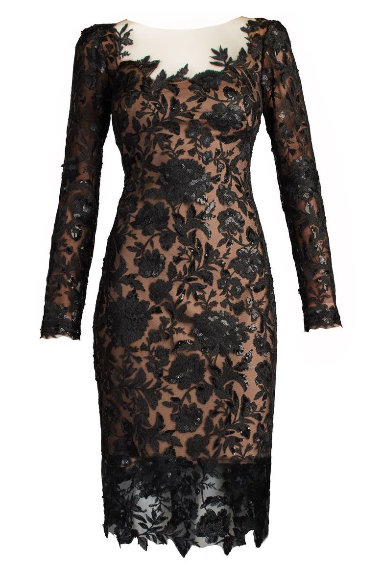 Embroided Lace Long Sleeve Cocktail Dress, Alternate, color, BLACK/ NUDE