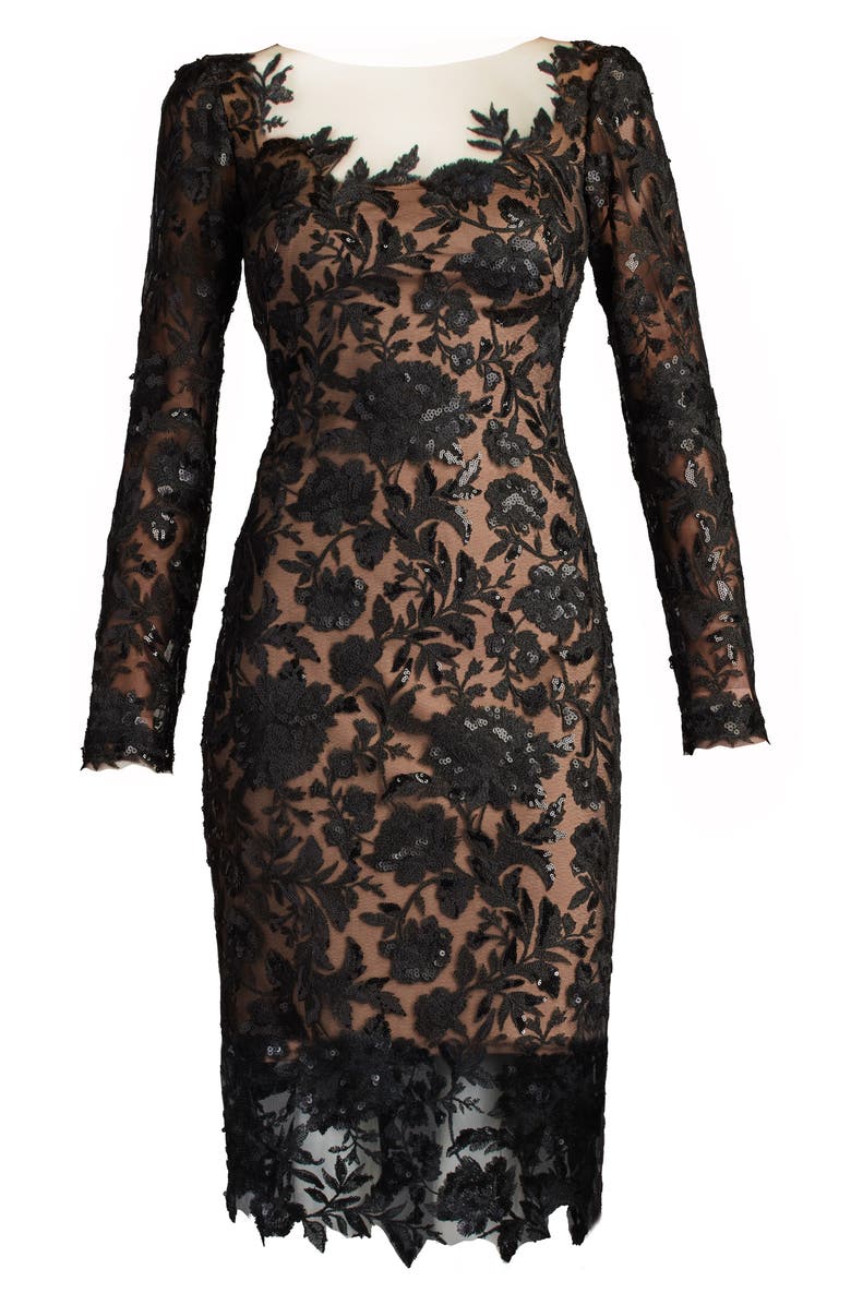 Tadashi Shoji Embroided Lace Long Sleeve Cocktail Dress, Alternate, color, Black/ Nude