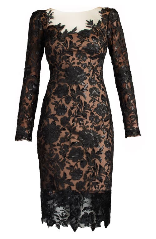 Tadashi Shoji Senoia Sequin Embroidered Illusion Dress In Black/nude