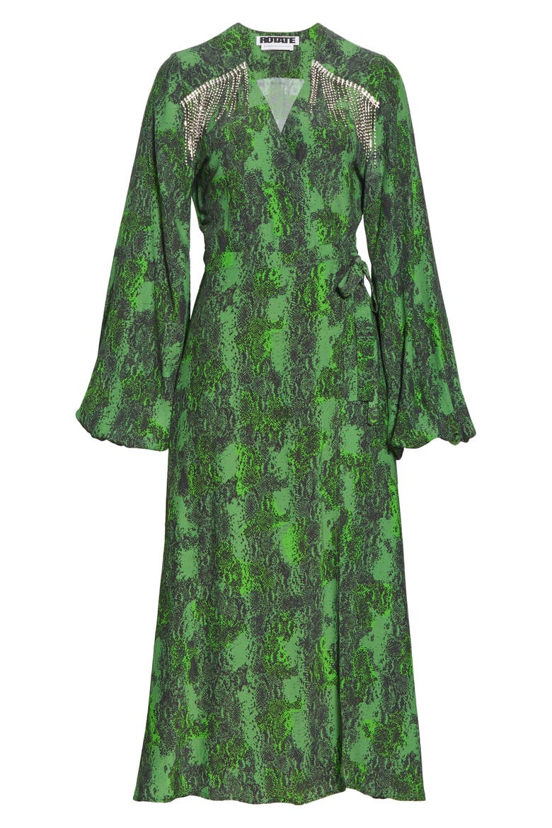 Kira Snake Print Crystal Fringe Long Sleeve Midi Dress, Alternate, color, STONE GREEN COMBO