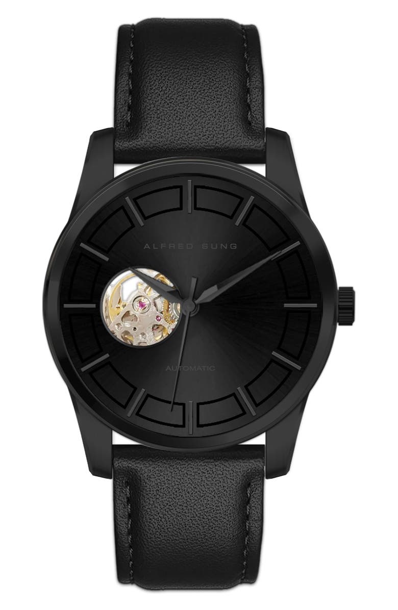 Alfred Sung Automatic I Quartz Leather Strap Watch, 42mm, Main, color,