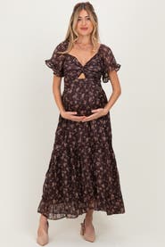 PinkBlush Floral Stripe Twist Front Cutout Maxi Dress