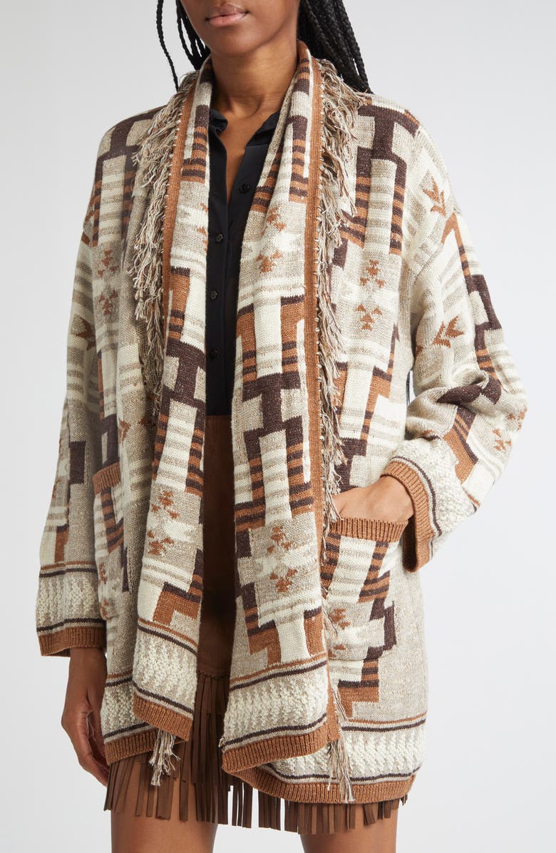 L'AGENCE Jair Geo Pattern Fringe Cardigan, Alternate, color, Natural Multi