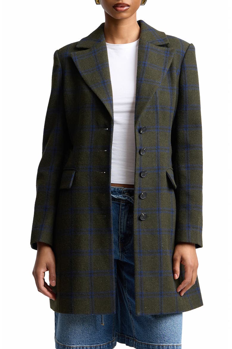 Sculpted Plaid Coat, Main, color, OLIVE-BLUE PLAID