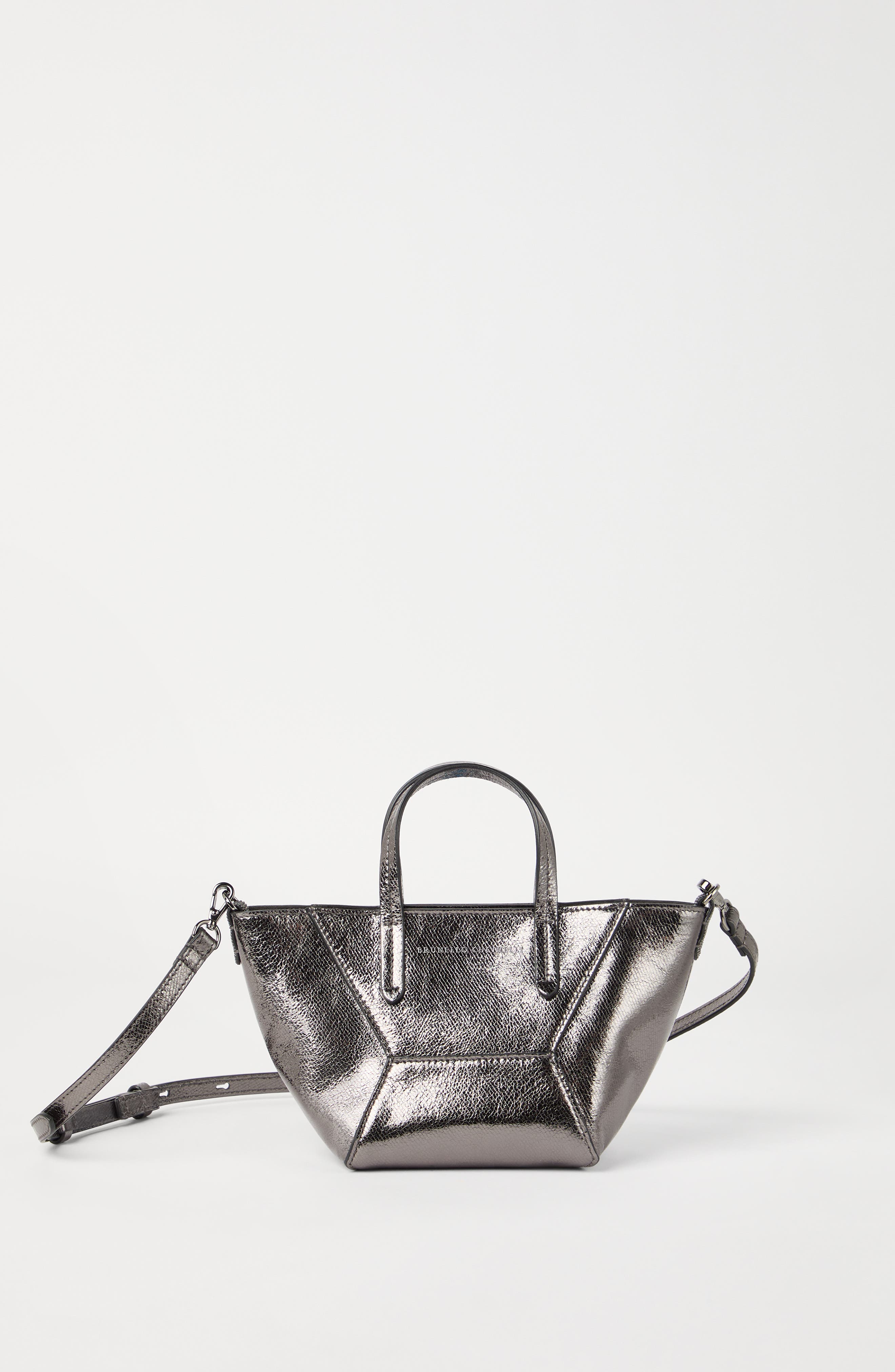 Brunello Cucinelli Lamé calfskin BC Duo mini bag, Alternate, color, Silver