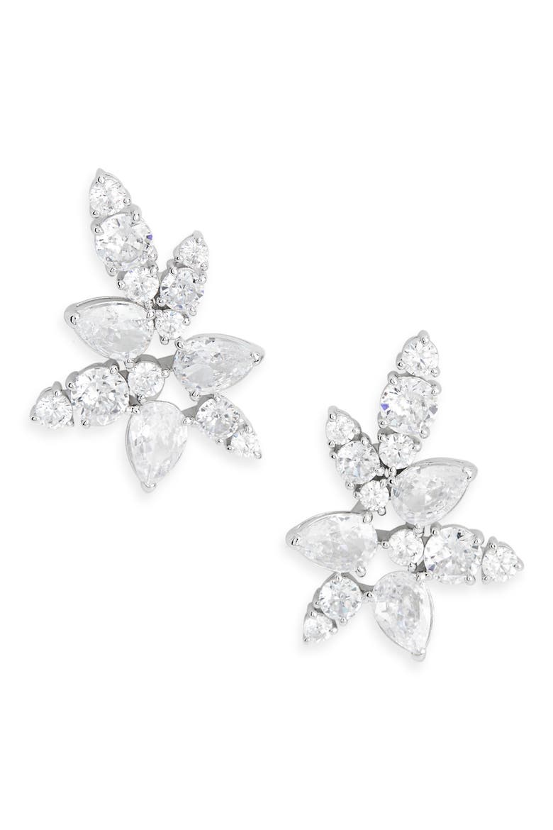 Cubic Zirconia Cluster Stud Earrings, Main, color, RHODIUM