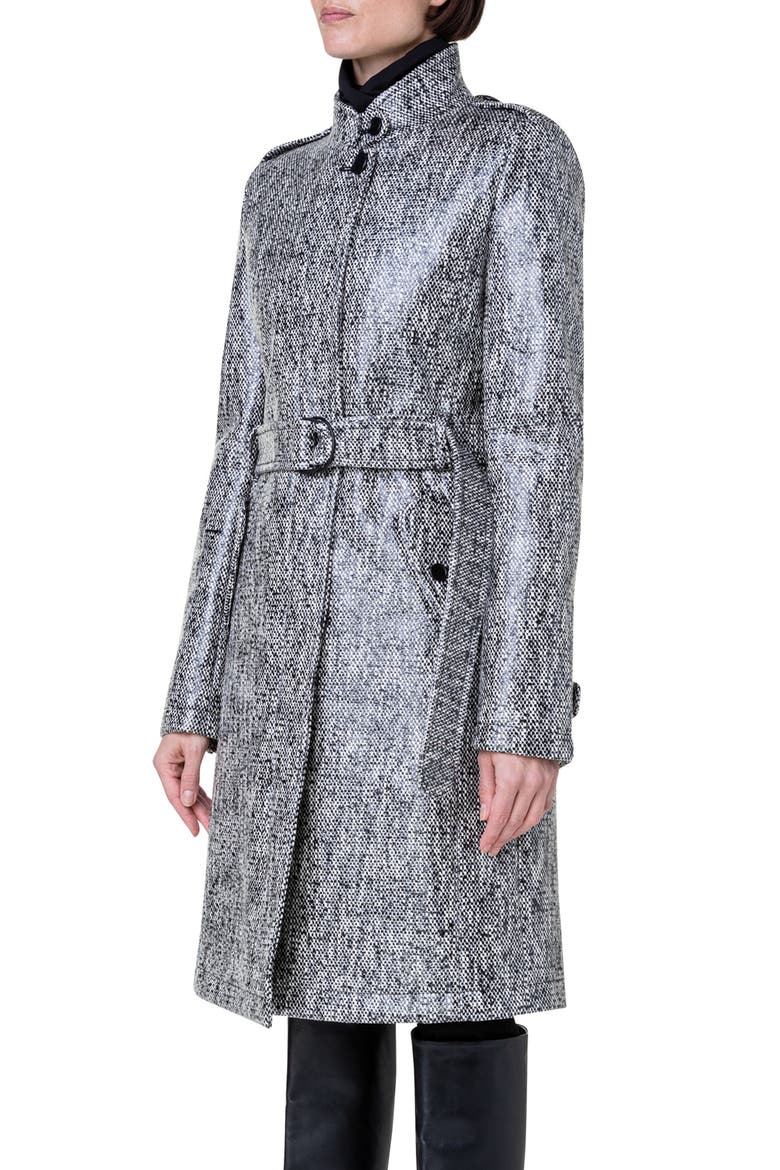 Lacquered Tweed Rain Coat with Removable Lining, Alternate, color, BLACK-CREAM