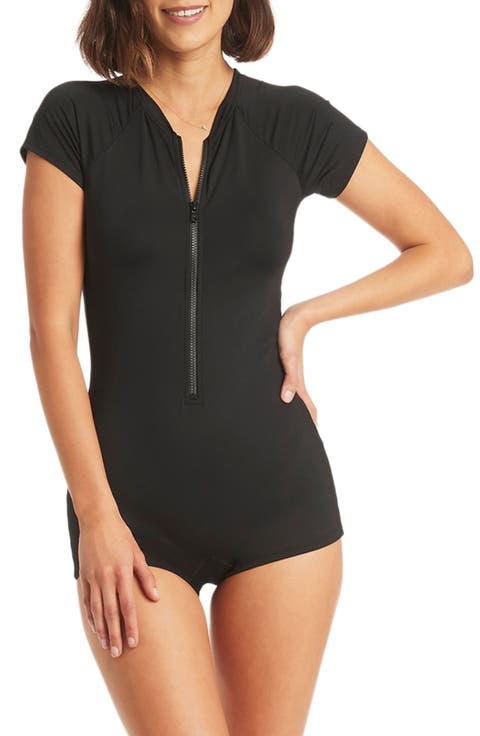 Short Sleeve Zip One-Piece Swimsuit
