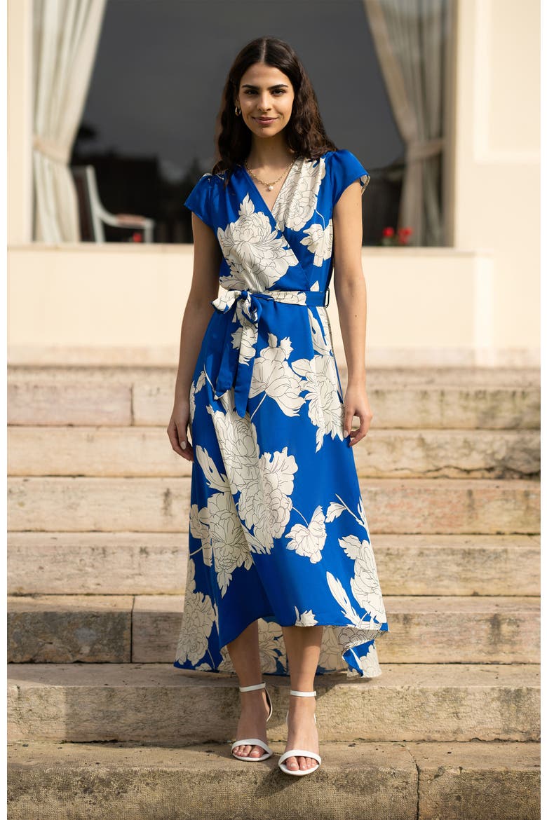 Blossom Print Dipped Hem Wrap Midi Dress, Alternate, color, Blue