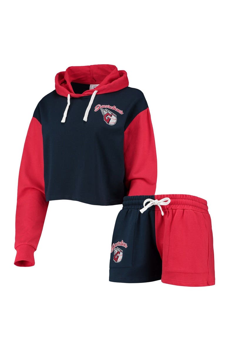 FOCO Women's FOCO Navy/Red Cleveland Guardians Color-Block Pullover Hoodie & Shorts Lounge Set, Main, color, Navy