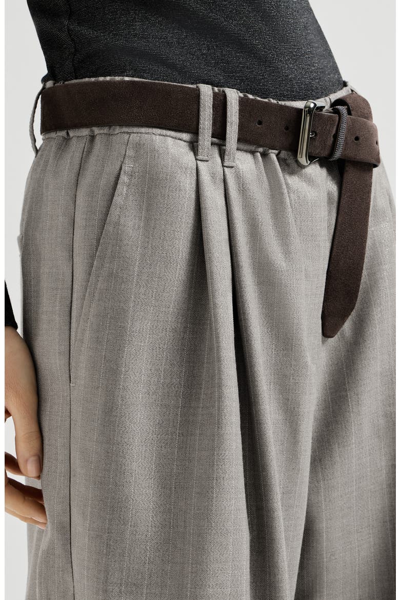 Sparkling virgin wool pinstripe track trousers with monili, Alternate, color, Silver