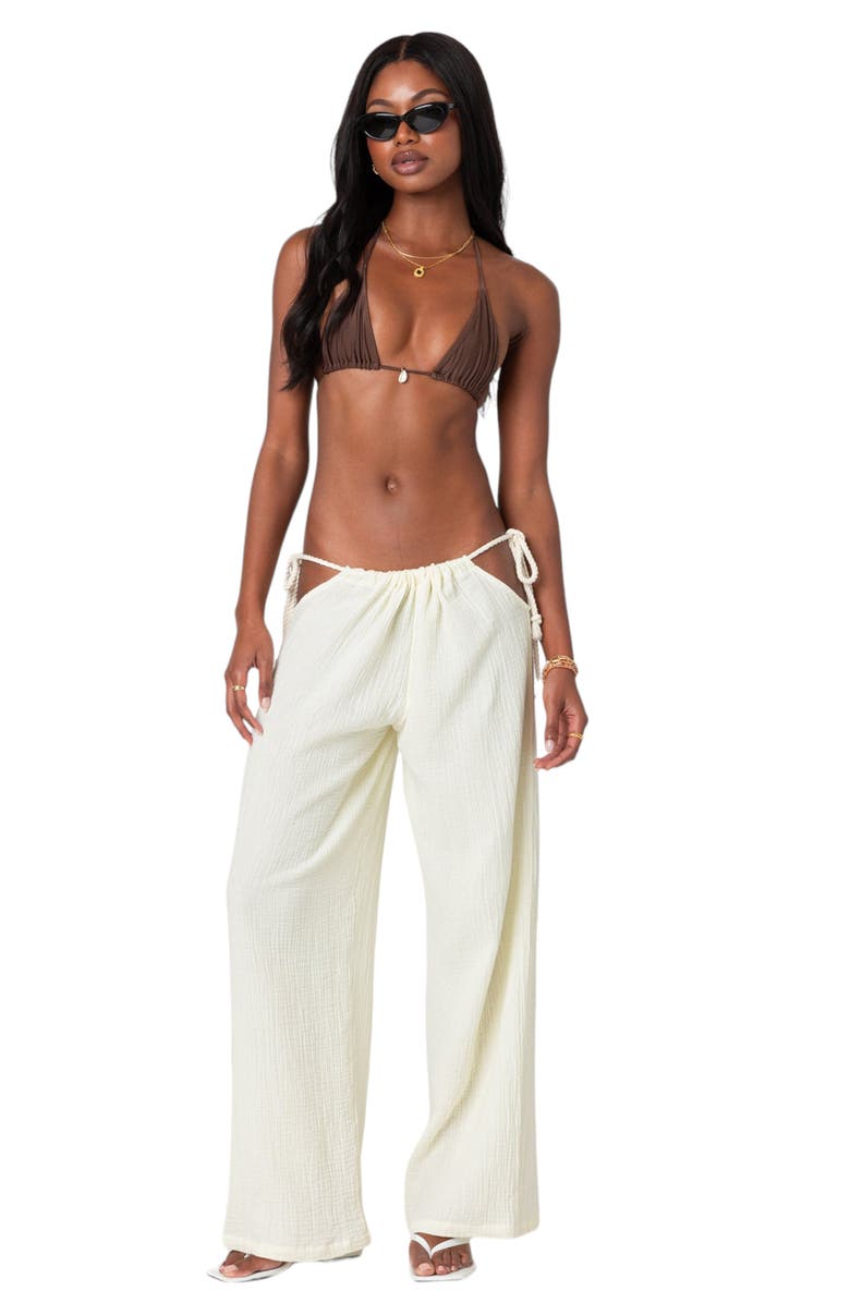 EDIKTED Leoni Cutout Cotton Gauze Pants, Alternate, color, Cream