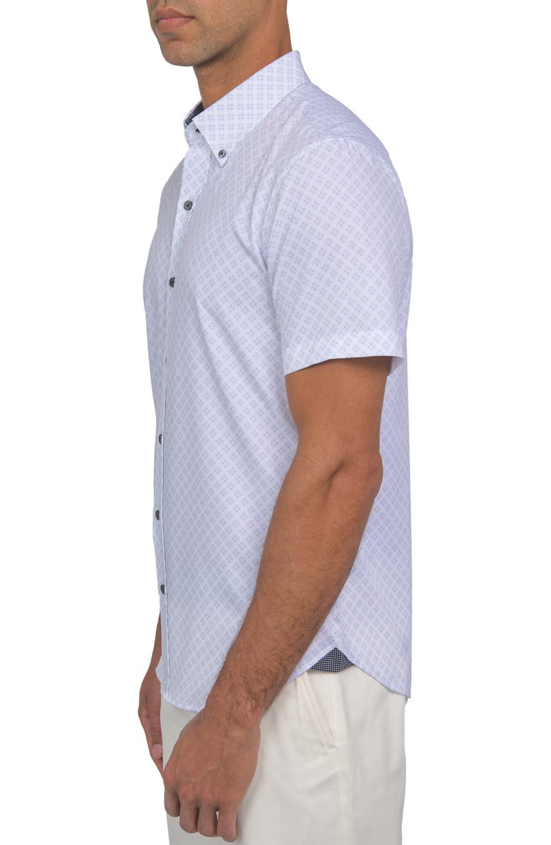 CONSTRUCT Slim Fit Geometric Four-Way Stretch Performance Short Sleeve Button-Down Shirt, Alternate, color, White