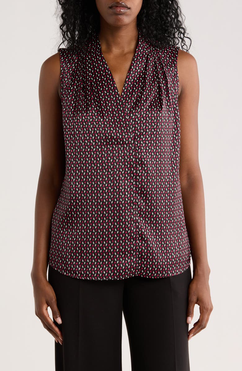 Liverpool Pleated Neck Sleeveless Woven Top, Main, color, Star Ruby Dot