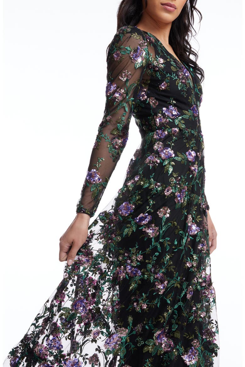 Angelina Sequin Floral Embroidery Long Sleeve Gown, Alternate, color, BLACK MULTI