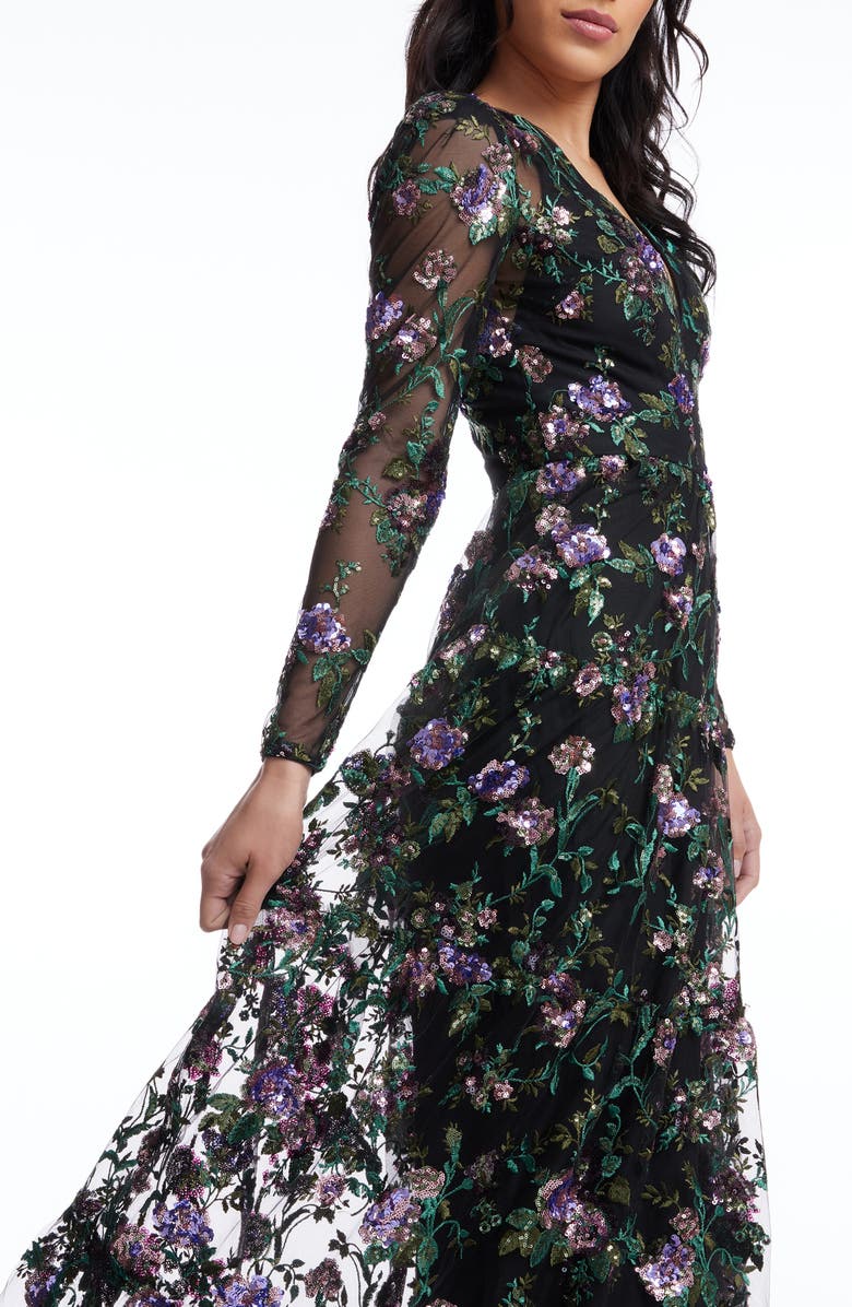 Dress the Population Angelina Sequin Floral Embroidery Long Sleeve Gown, Alternate, color, Black Multi