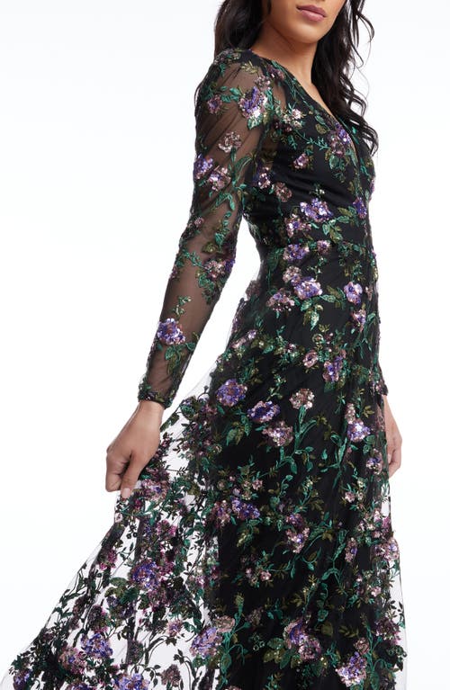 Shop Dress The Population Angelina Sequin Floral Embroidery Long Sleeve Gown In Black Multi