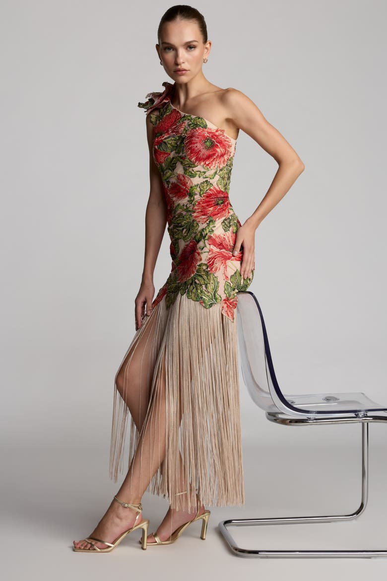 Embroidered One Shoulder Dress With Fringe Hem, Alternate, color, Nude Multi