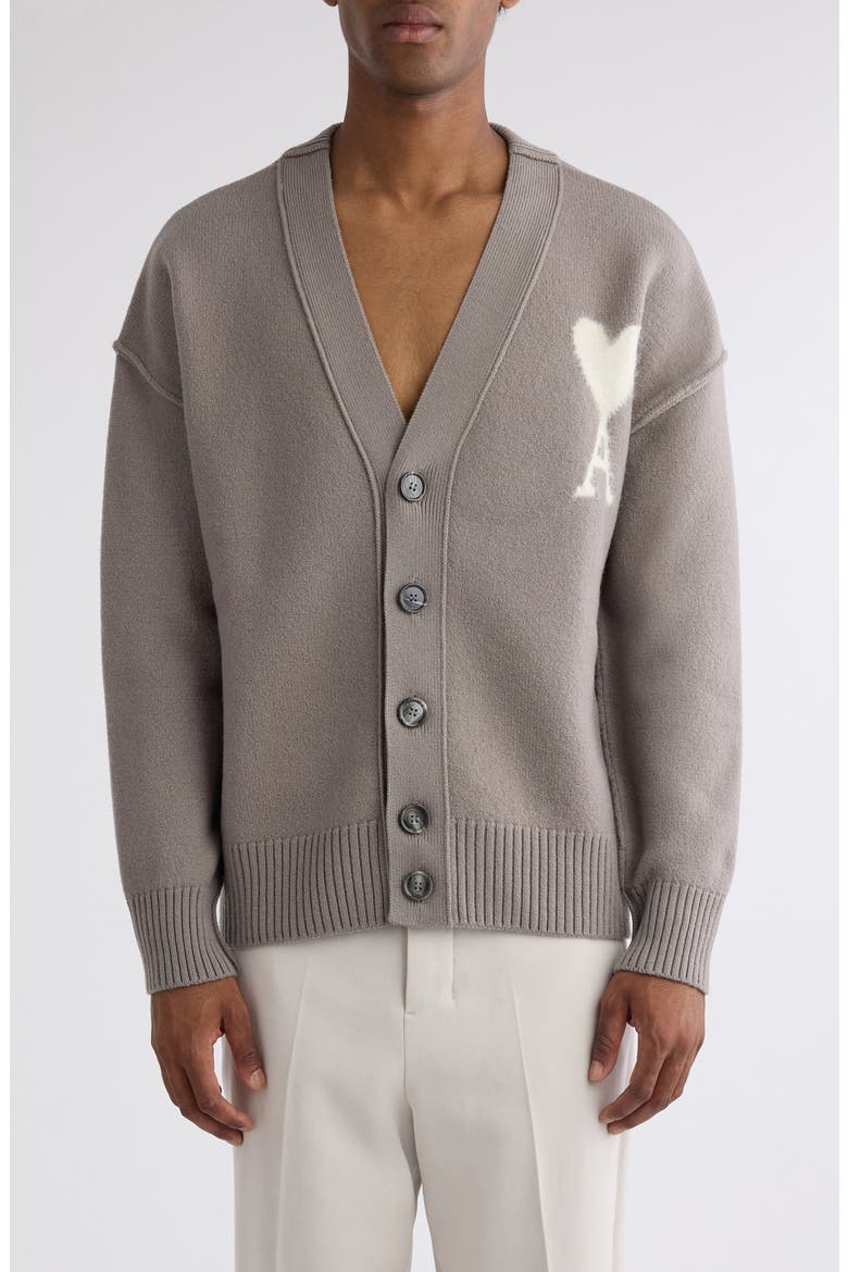 Ami De Coeur Intarsia Merino Wool Cardigan, Main, color, ASH/ OFFWHITE