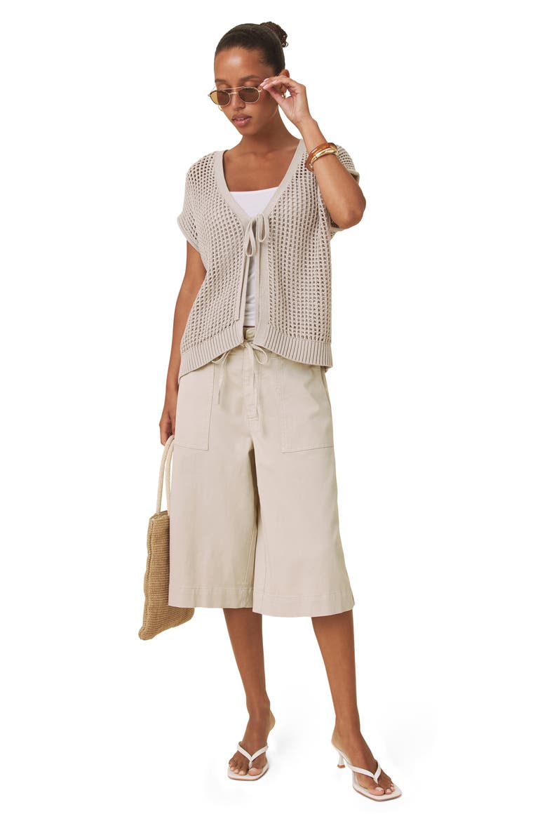 Simona Tie Front Short Sleeve Cardigan, Alternate, color, LIGHT FAWN BROWN