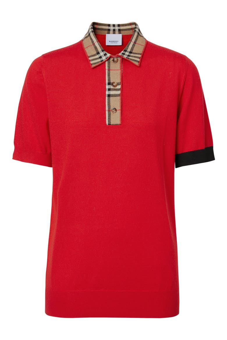 Penk Vintage Check Trim Merino Wool Polo Sweater, Alternate, color, BRIGHT RED