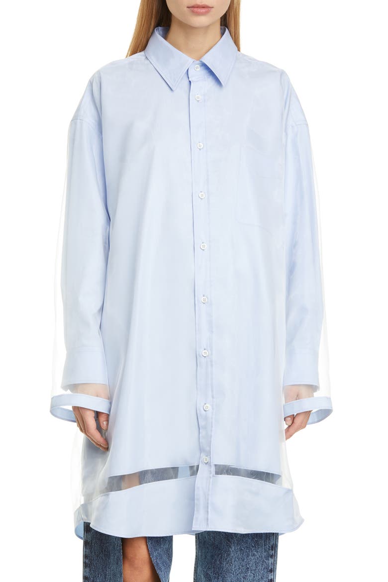 Organza Overlay Long Sleeve Button-Up Shirt, Main, color, WHITE LIGHT BLUE