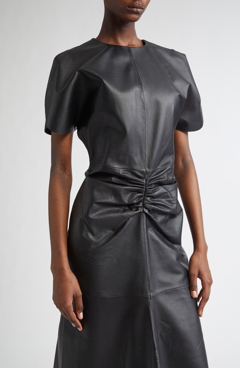 Victoria Beckham Gathered Waist Leather Midi Dress, Alternate, color,