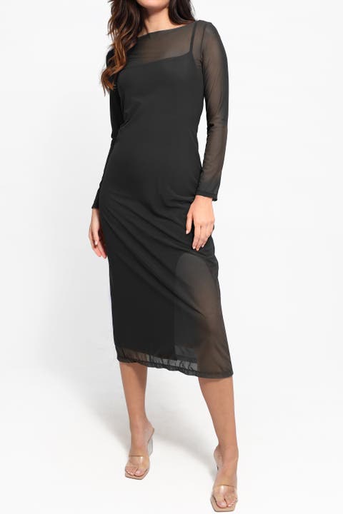 Shapewear Slimming Midi Work Dress and Sheer Mesh Overlay Set