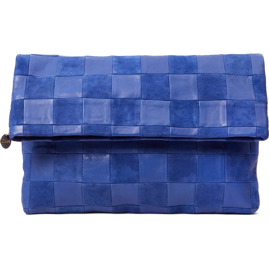 Clare V . Carryall Checkered Leather Clutch In Blue