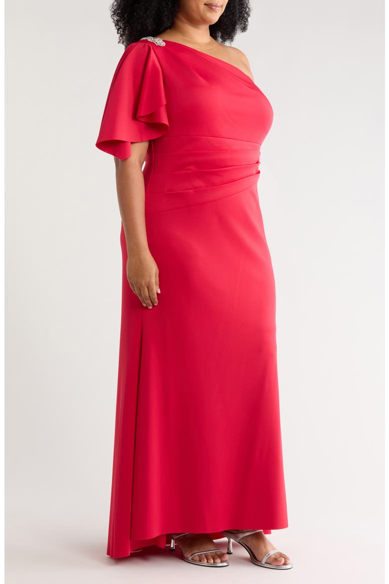 Cape Sleeve One Shoulder Gown, Alternate, color, RUBY RED