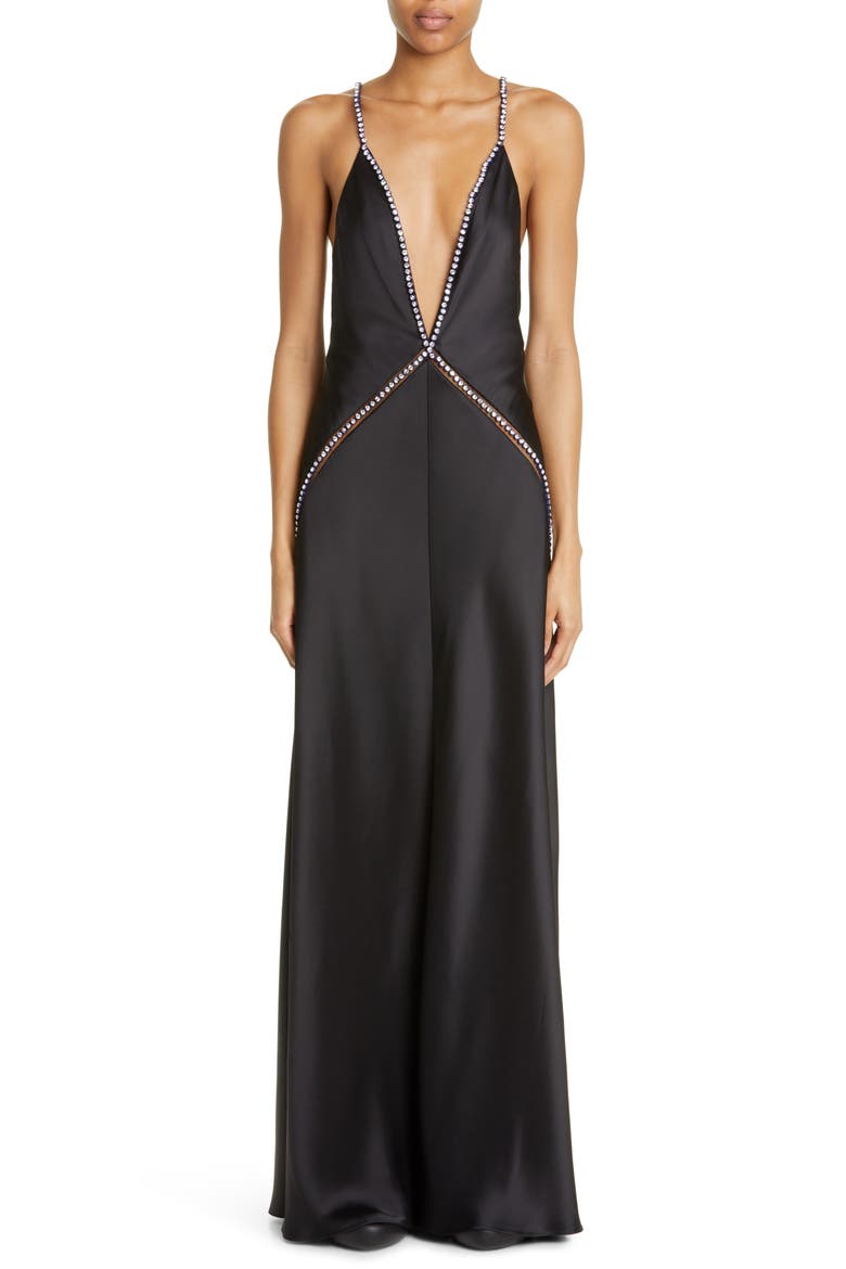 Embellished Plunge Neck Satin Maxi Dress, Main, color, BLACK