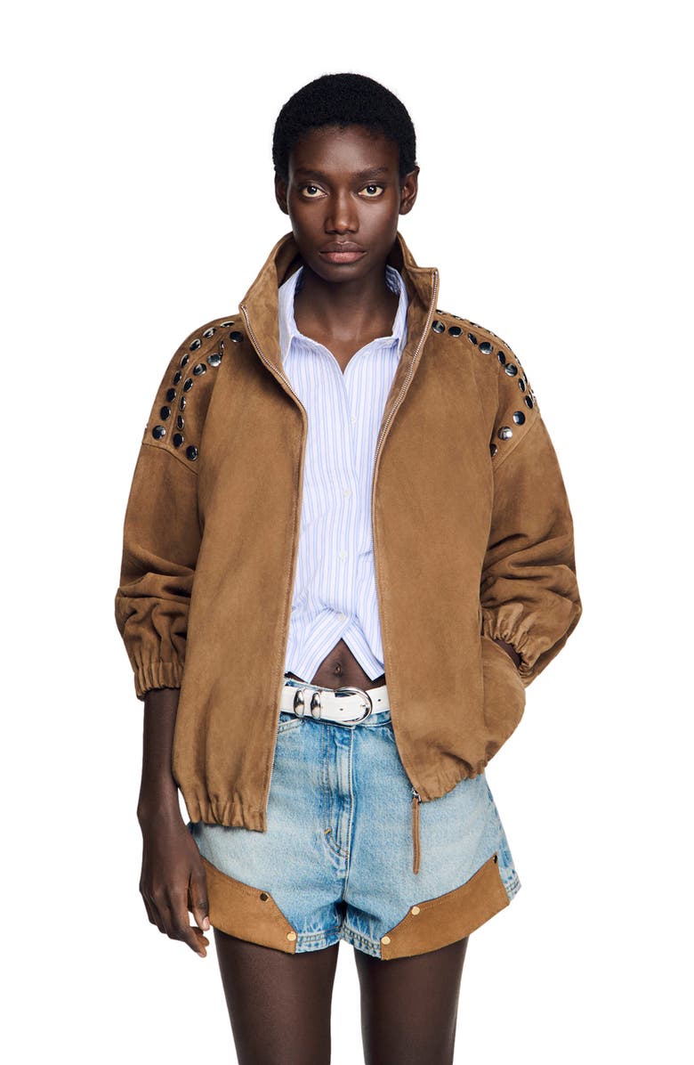 SANDRO Studded suede jacket, Alternate, color, Camel