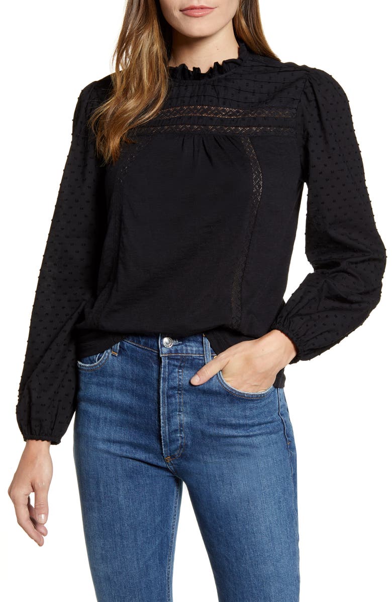Caslon<sup>®</sup> Pintuck Lace Detail Long Sleeve Cotton Blouse, Main, color,