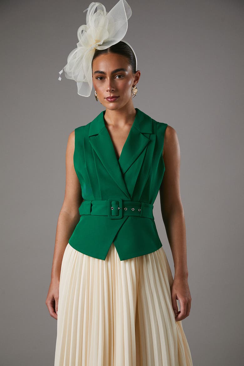 Sleeveless Crepe Pleated Midi Dress, Alternate, color, Green