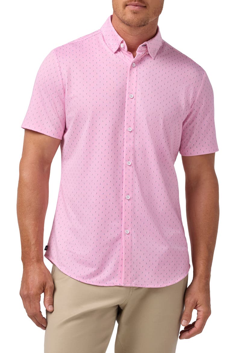Halyard Geo Print Short Sleeve Performance Button-Up Shirt, Main, color, PINK SALT TOSSED TRIANGLE CLASSIC