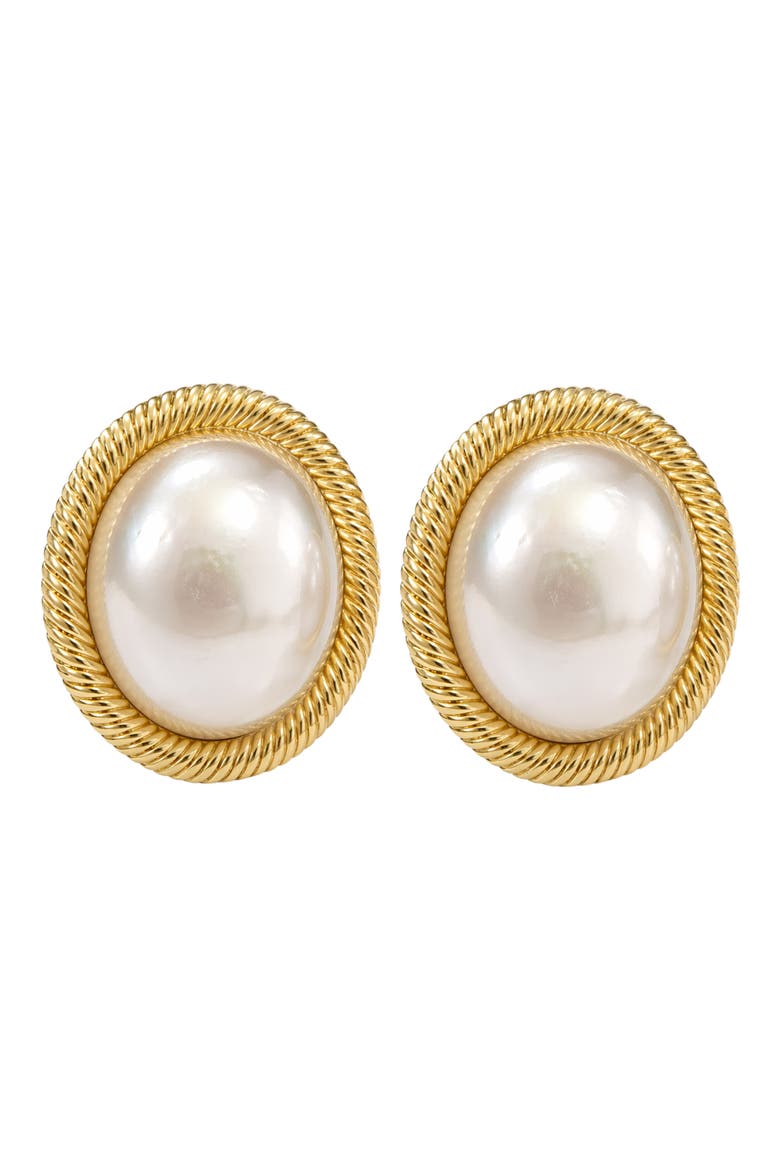 Cultured Pearl Bezel Stud Earrings, Main, color, GOLD/ CULTURED PEARL
