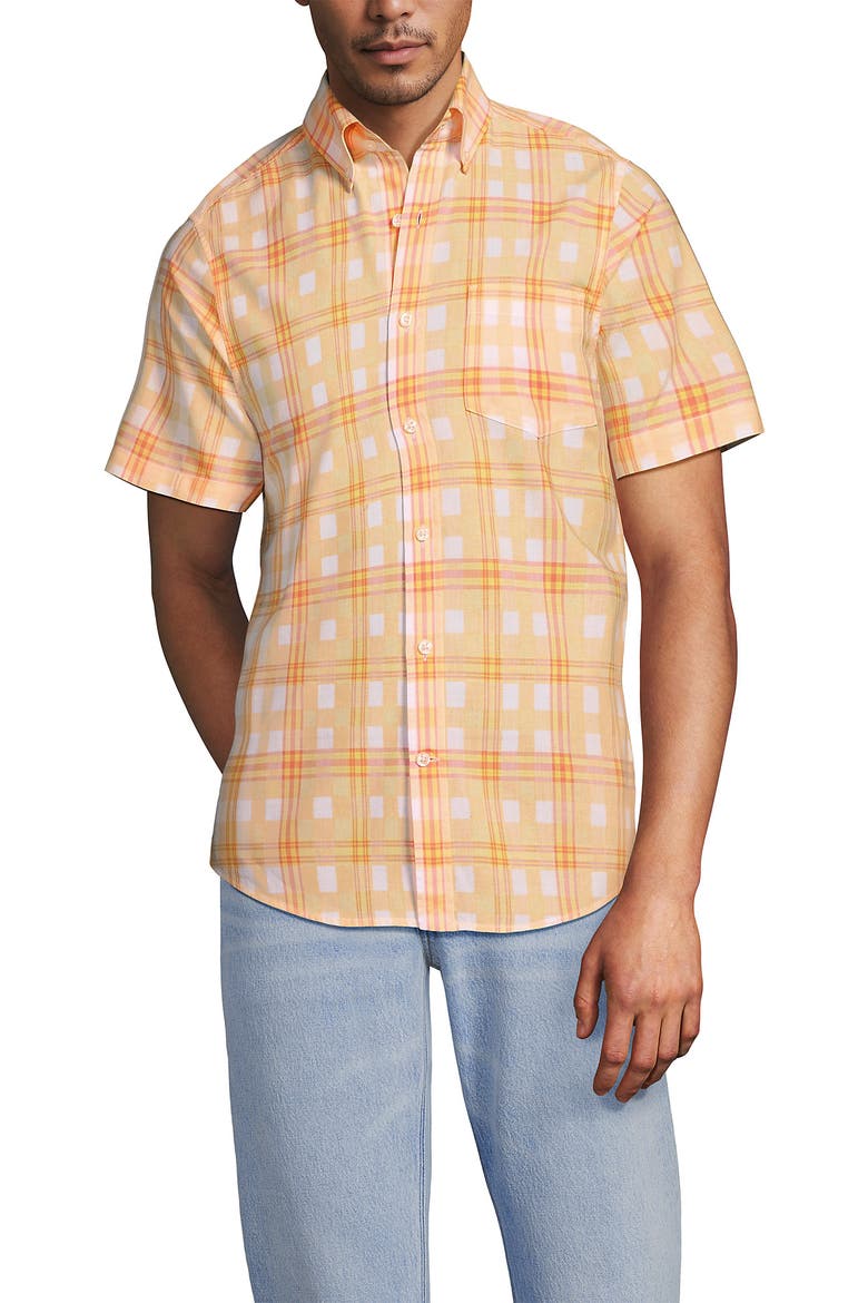 Traditional Fit Short Sleeve Madras Shirt, Main, color, Subtle Apricot/Yellow Plaid