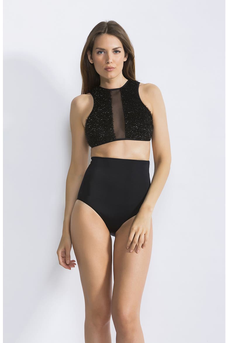 Textured Shimmer-Front High-Neck Bikini Set, Main, color, Black