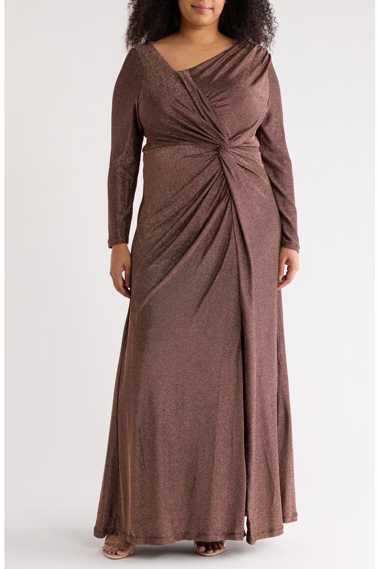 Knotted Front Long Sleeve Gown, Main, color, BLACK/ COPPER