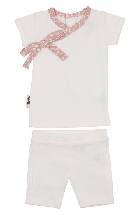 Speckle Trim Stretch Cotton Wrap Shirt & Shorts Set (Baby)