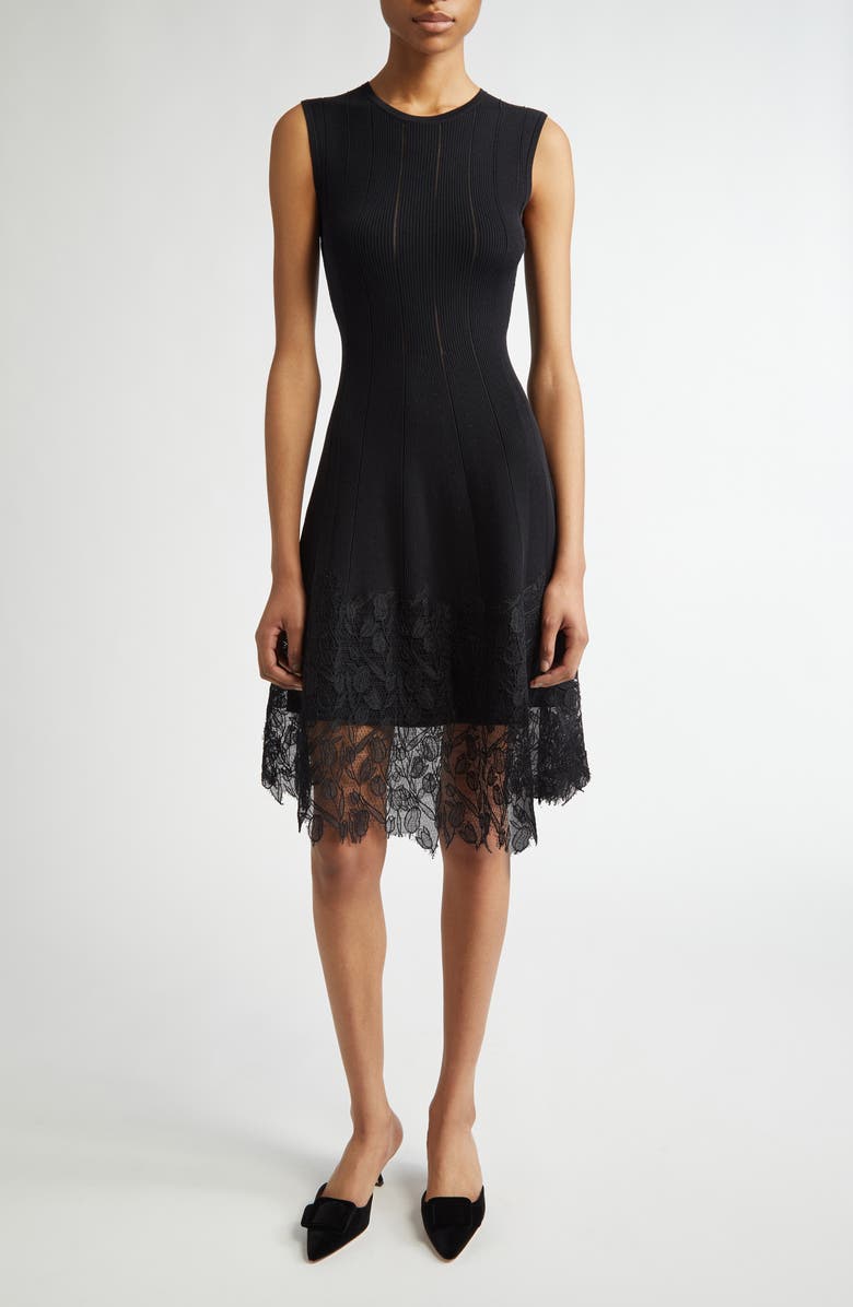 Lela Rose Lace Trim Sleeveless Rib Dress, Main, color, 