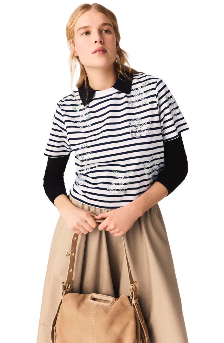 maje Striped rhinestone flower T-shirt, Main, color, White